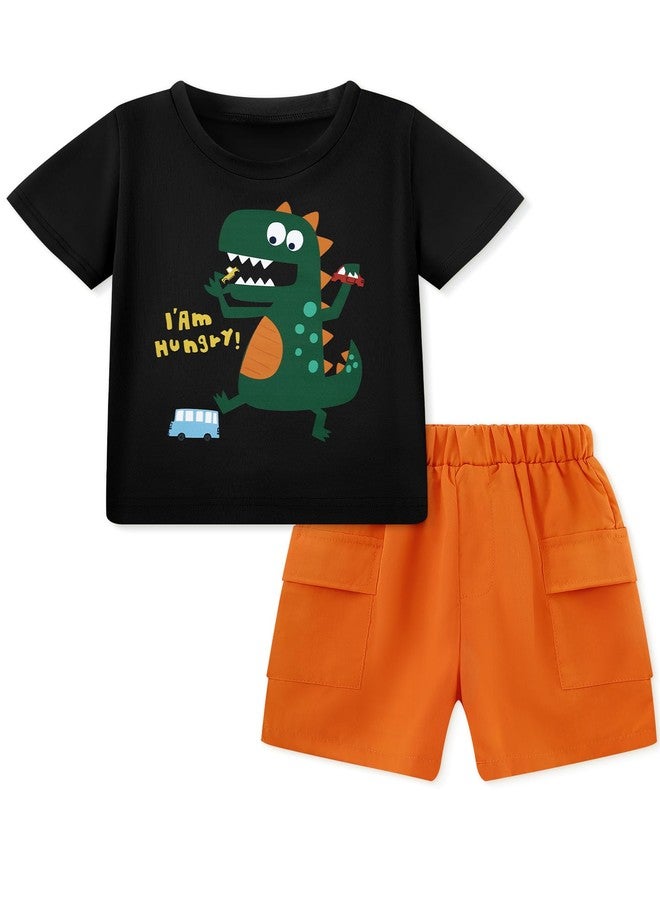 Latnnut Shorts for Boys 4t Toddler Boys 4t Black Cute Green Dinosaur Pattern Short Sleeve T-shirt Tops and Orange Elastic Cargo Shorts with Pockets for 3t-4t 3-4t - Image 1
