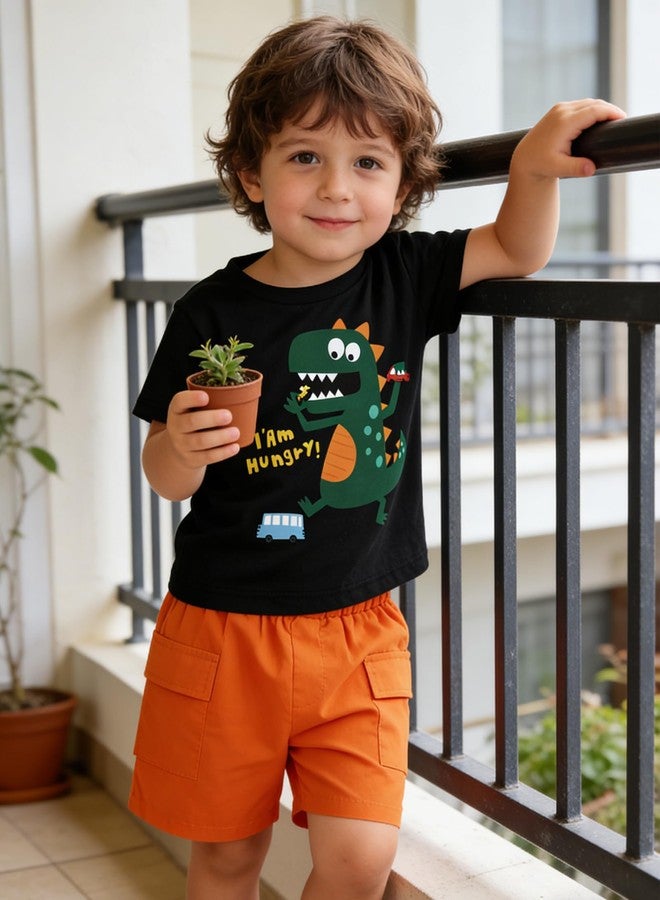 Latnnut Shorts for Boys 4t Toddler Boys 4t Black Cute Green Dinosaur Pattern Short Sleeve T-shirt Tops and Orange Elastic Cargo Shorts with Pockets for 3t-4t 3-4t - Image 3