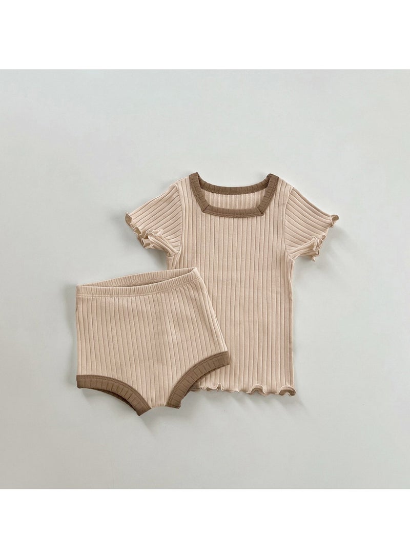 Baby Soft Breathable Cotton Short Sleeve T-shirt + Briefs Pink Apricot Two-piece Set - Image 1