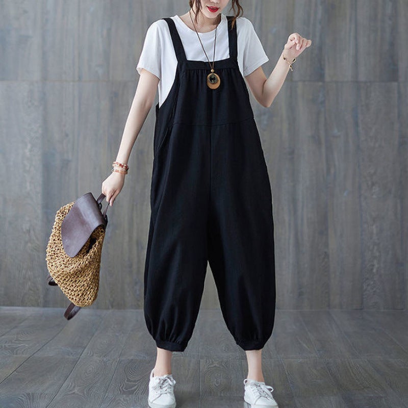 Plus Size Womens Summer 2025 New Thin Overalls Slimming Cover-Up for Pear-Shaped Body Women Jumpsuit Black overalls + white t-shirt