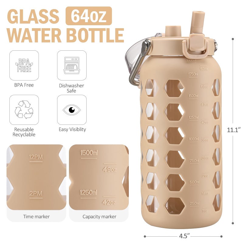 MUKOKO 64oz Glass Water Bottles with Straw and Lid,Half Gallon Water Bottle with Time Marker,Large Glass Water Jug with Silicone Sleeve and Stainless Steel Handle-Amber - Image 3