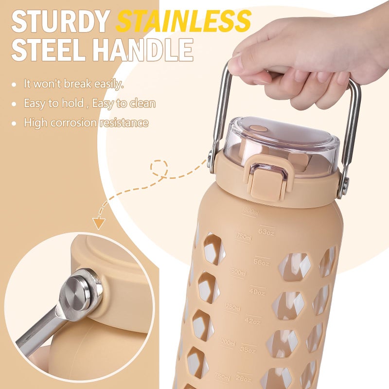 MUKOKO 64oz Glass Water Bottles with Straw and Lid,Half Gallon Water Bottle with Time Marker,Large Glass Water Jug with Silicone Sleeve and Stainless Steel Handle-Amber - Image 2