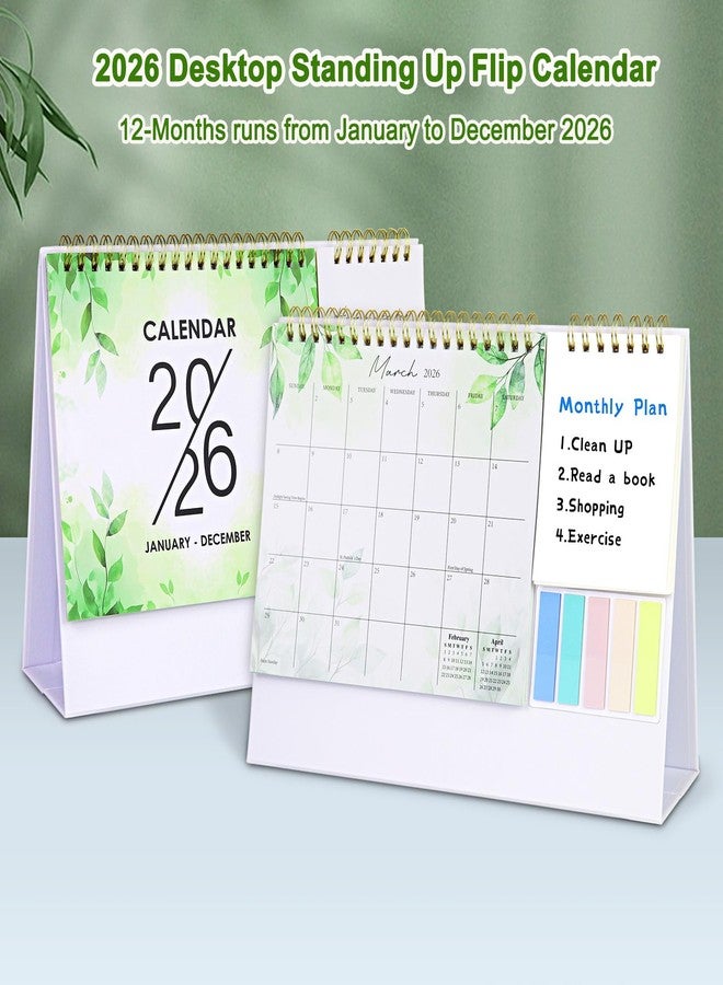 Aosemili 2026 Desk Calendar Small Standing Desktop Calendar (Jan-Dec. 2026) for Office Home Tabletop, 2026 Small Flip Calender with Writing Notepads and Sticky Notes, Green - Image 2