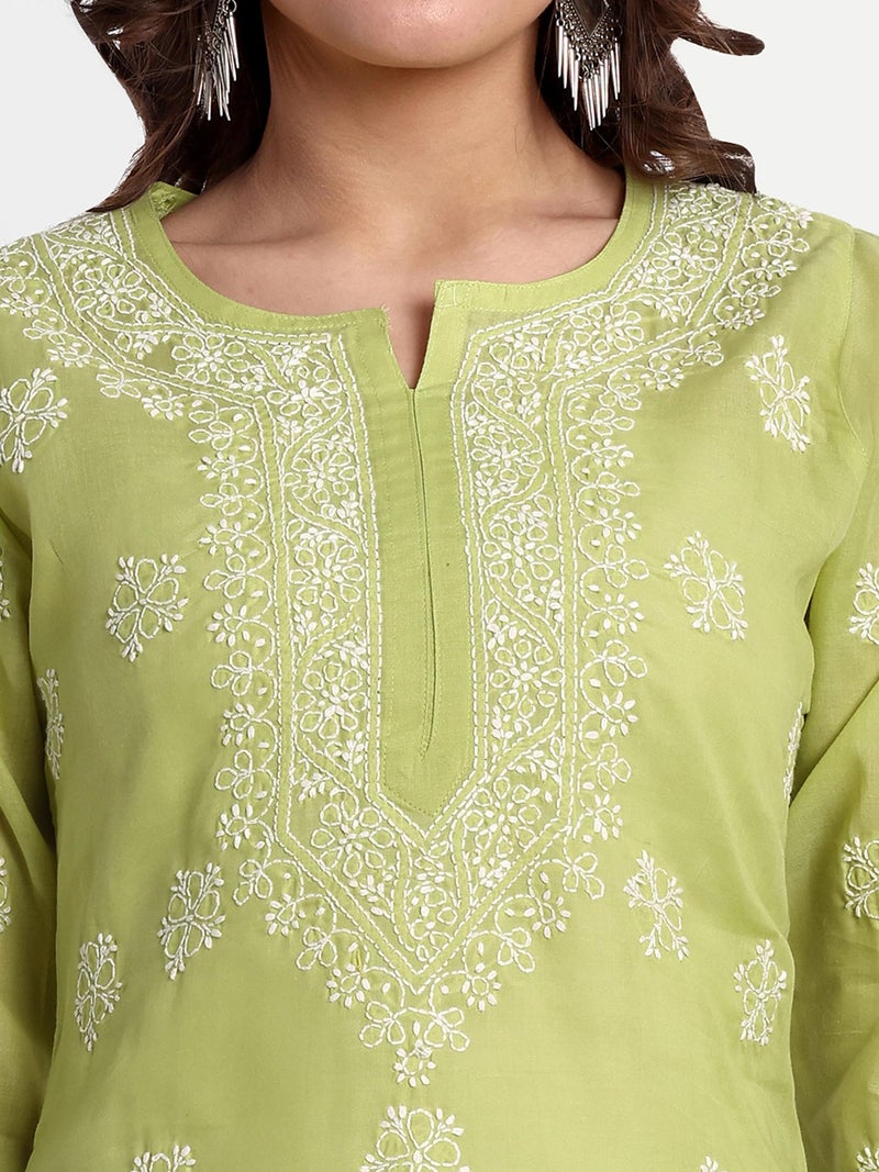 Ada Hand Embroidered Lucknow Chikankari Straight Round Neck Cotton Short Kurti Top for Women A911330 (M, Pear Green) - Image 5