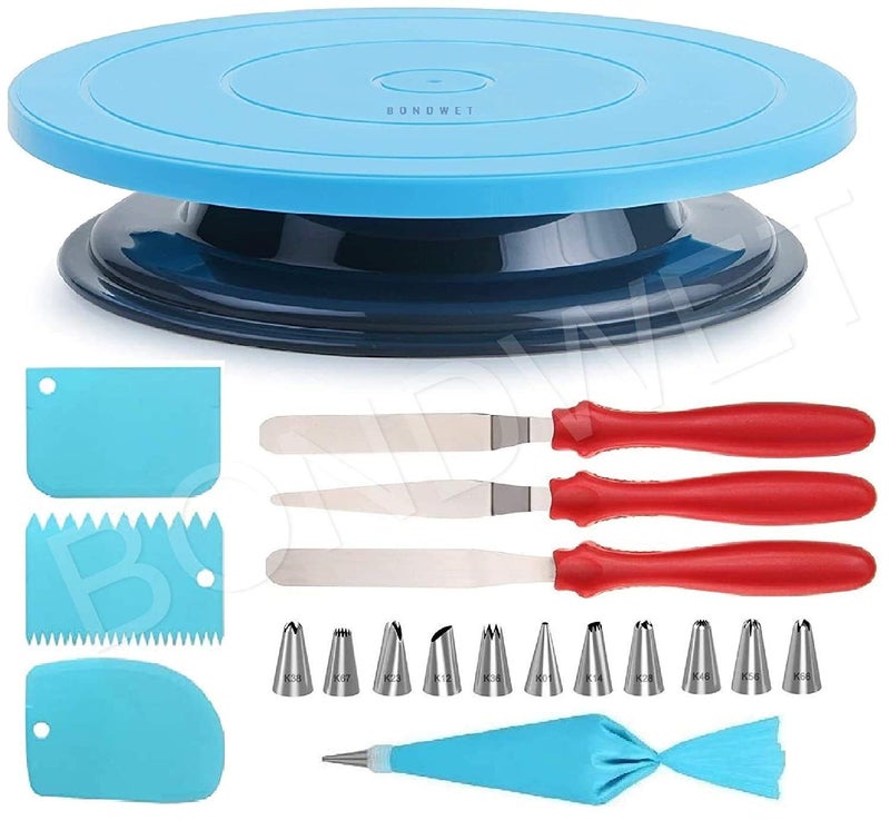 CLOSAL Combo of Cake Making Turn Table 12 Pieces of Cake Decorating Frosting Nozzle Set 3 in 1 MultiFunction Stainless Steel Cake Icing Spatula Knife Set 3 Pieces of ough Scrapper - Image 1