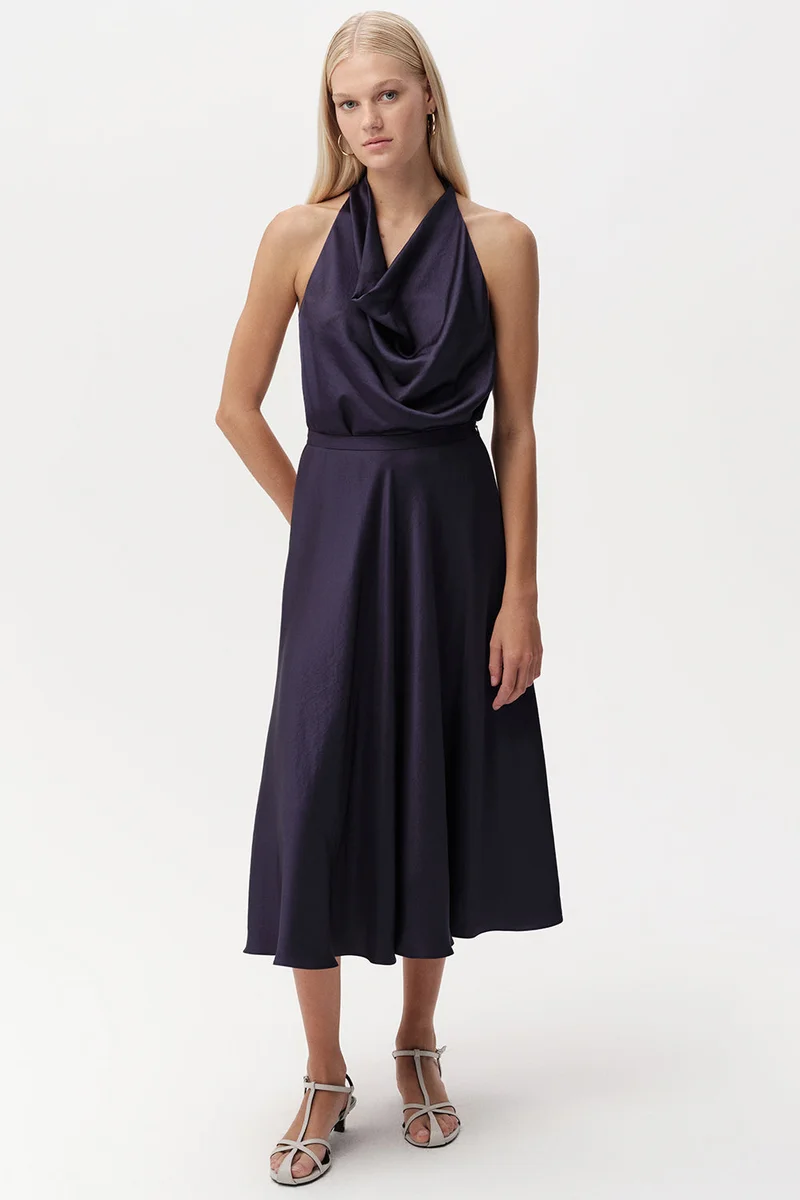 Exquise Regular Flared Midi Navy Skirt with Zipper