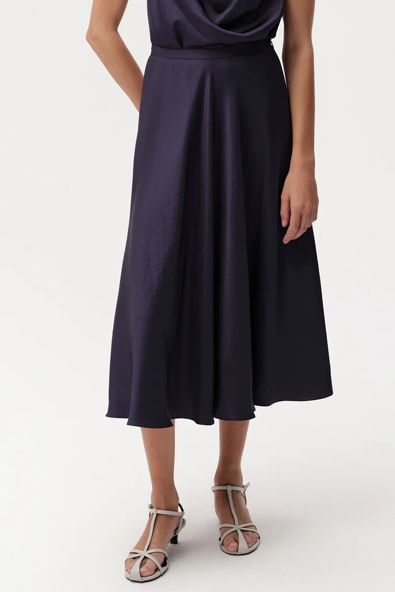 Exquise Regular Flared Midi Navy Skirt with Zipper