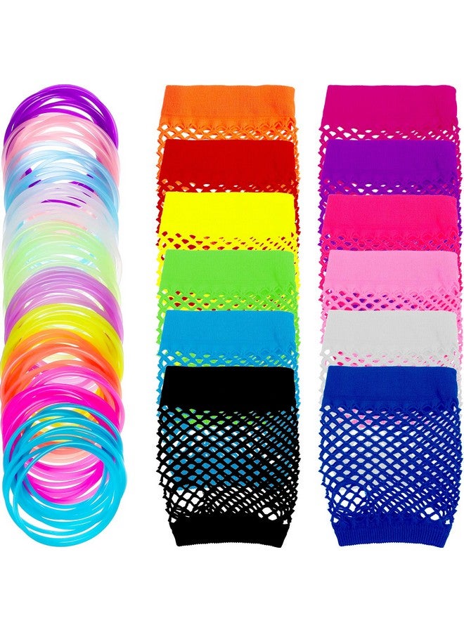 TecUnite TecUnite 12 Pairs Neon Colored Fingerless Fishnet Gloves and 100 Pieces Multicolor Silicone Jelly Bracelets Retro 80s 90s Party Favors Costume Accessories for Party Supplies  - Image 1