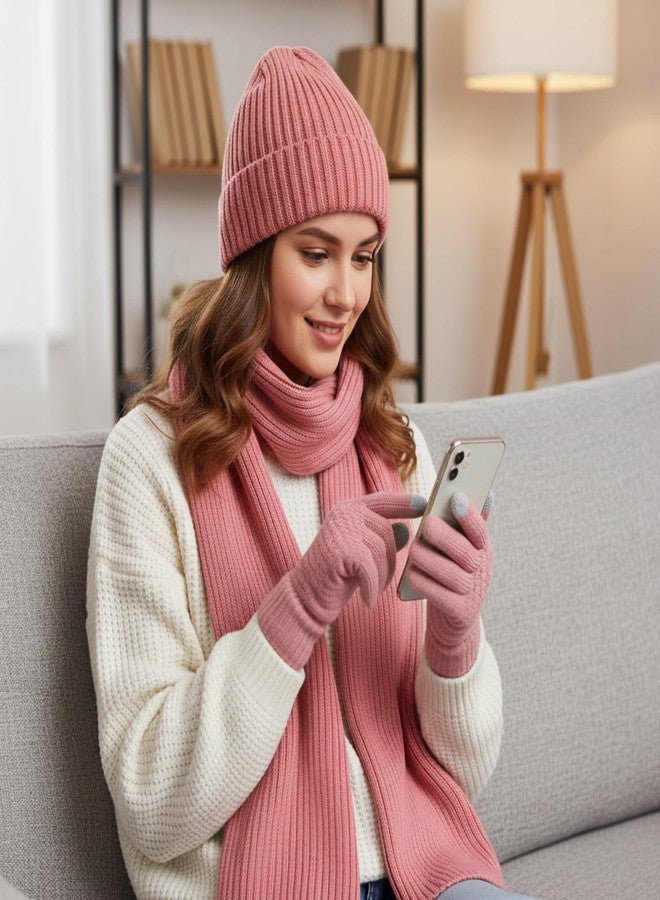 مجموعة ShinyMatch المكونة من 12 قطعة من قبعة وقفازات ووشاح وأغطية للأذنين، قبعة صغيرة مبطنة بالفرو، قفازات تعمل باللمس، وشاح محبوك (أسود، بيج، وردي، تصميم بسيط) - Image 5