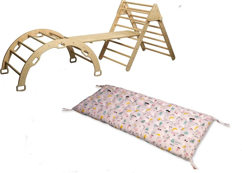 Kidoppo Pikler Climbing Set and Pillow | Montessori Set of 3 | Arch + Triangle + Stair Ramp + Flamingo Pattern Pillow