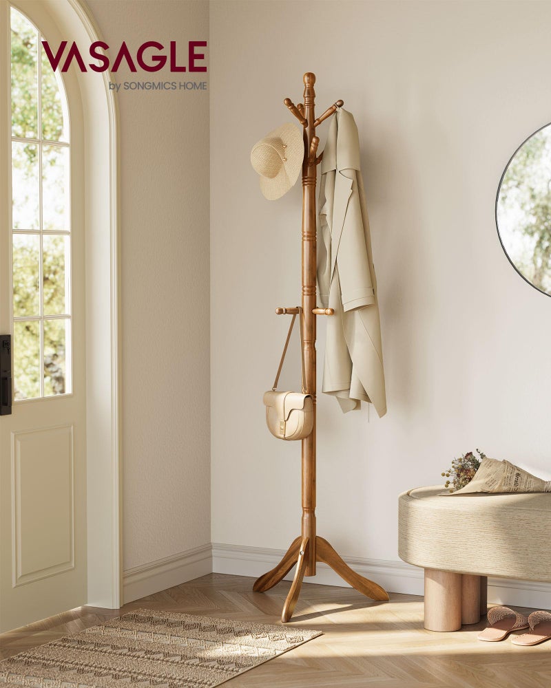VASAGLE Solid Wood Coat Rack and Stand, Free Standing Hall Coat Tree with 10 Hooks for Hats, Bags, Purses, for Entryway, Hallway, Rubberwood, Caramel Brown URCR03WN - Image 2