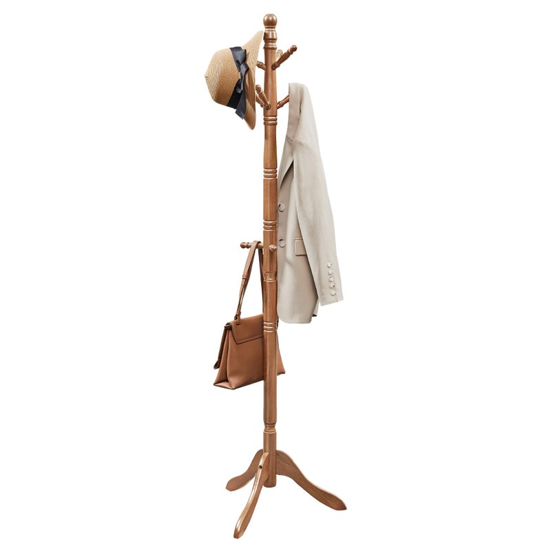 VASAGLE Solid Wood Coat Rack and Stand, Free Standing Hall Coat Tree with 10 Hooks for Hats, Bags, Purses, for Entryway, Hallway, Rubberwood, Caramel Brown URCR03WN - Image 1