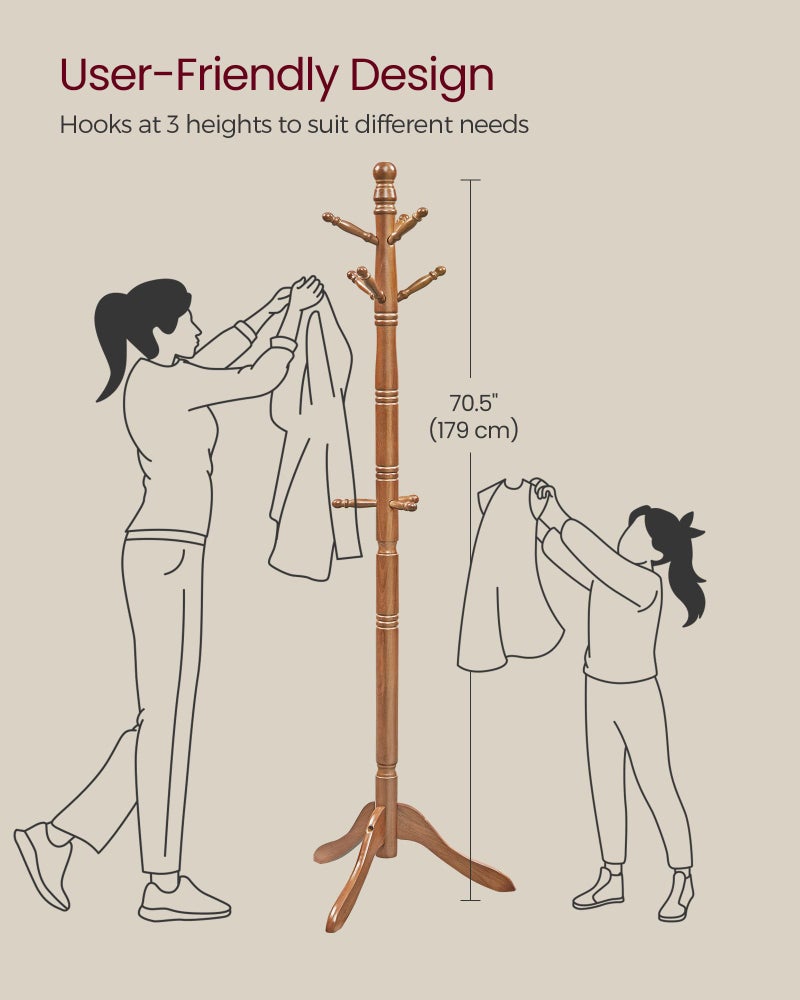 VASAGLE Solid Wood Coat Rack and Stand, Free Standing Hall Coat Tree with 10 Hooks for Hats, Bags, Purses, for Entryway, Hallway, Rubberwood, Caramel Brown URCR03WN - Image 5