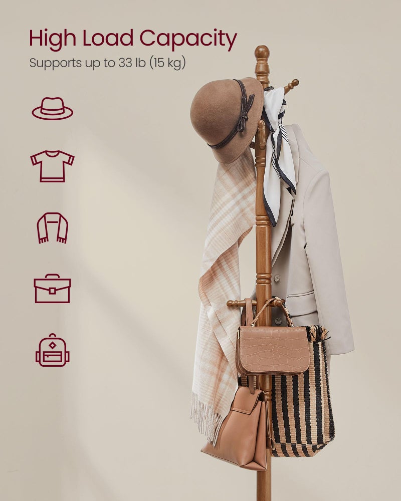 VASAGLE Solid Wood Coat Rack and Stand, Free Standing Hall Coat Tree with 10 Hooks for Hats, Bags, Purses, for Entryway, Hallway, Rubberwood, Caramel Brown URCR03WN - Image 3