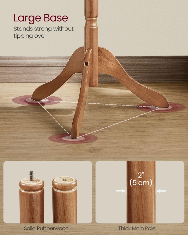 VASAGLE Solid Wood Coat Rack and Stand, Free Standing Hall Coat Tree with 10 Hooks for Hats, Bags, Purses, for Entryway, Hallway, Rubberwood, Caramel Brown URCR03WN - Image 4