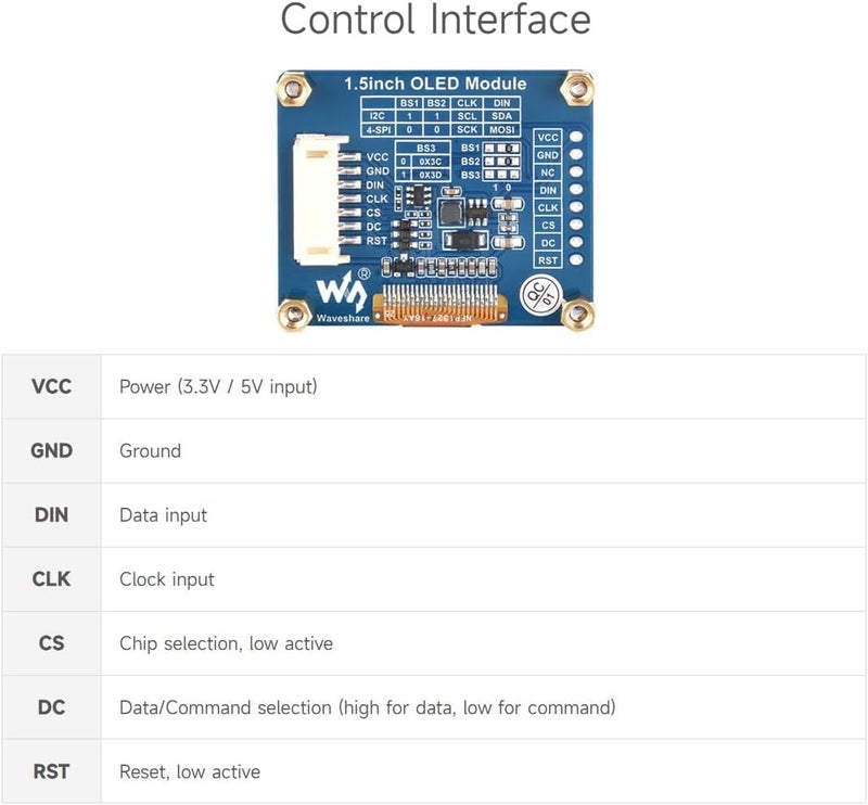 Waveshare 1.5inch OLED Display Module 128x128 Pixels 16-bit Grey Level with Embedded Controller Communicating via SPI or I2C Interface. - Image 5