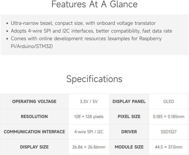 Waveshare 1.5inch OLED Display Module 128x128 Pixels 16-bit Grey Level with Embedded Controller Communicating via SPI or I2C Interface. - Image 4