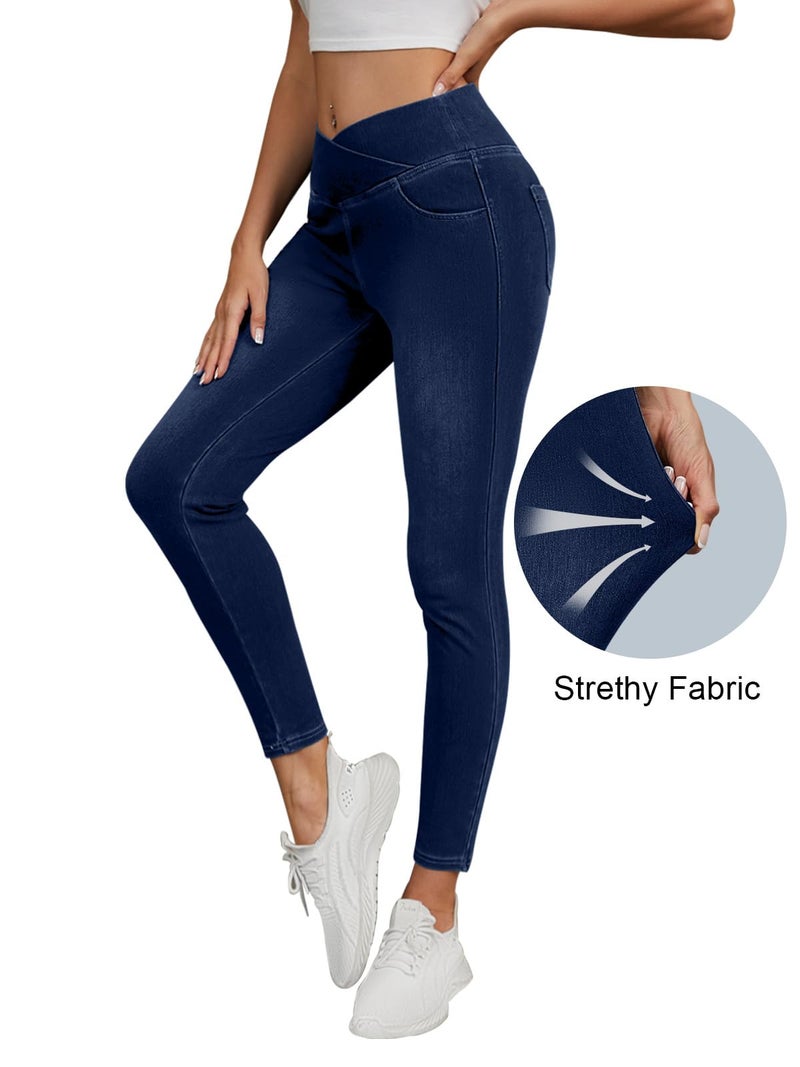 COPYLEAF Stretchy Jeans for Women Trendy Butt Lifting Leggings with Pockets Crossover Waisted Jeggings Pull on Skinny Jeans Dark Wash - Image 4