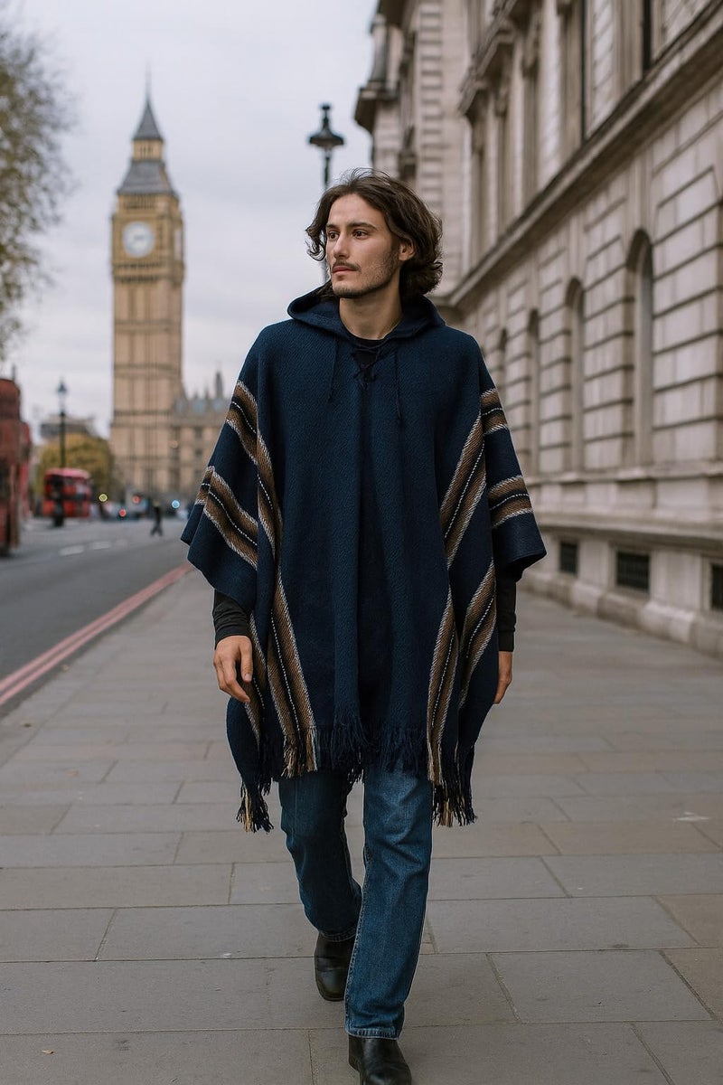 Gamboa Genuine Alpaca Poncho Mens Mexican Pancho Cowboy Western Adult Poncho with Hood - Image 2