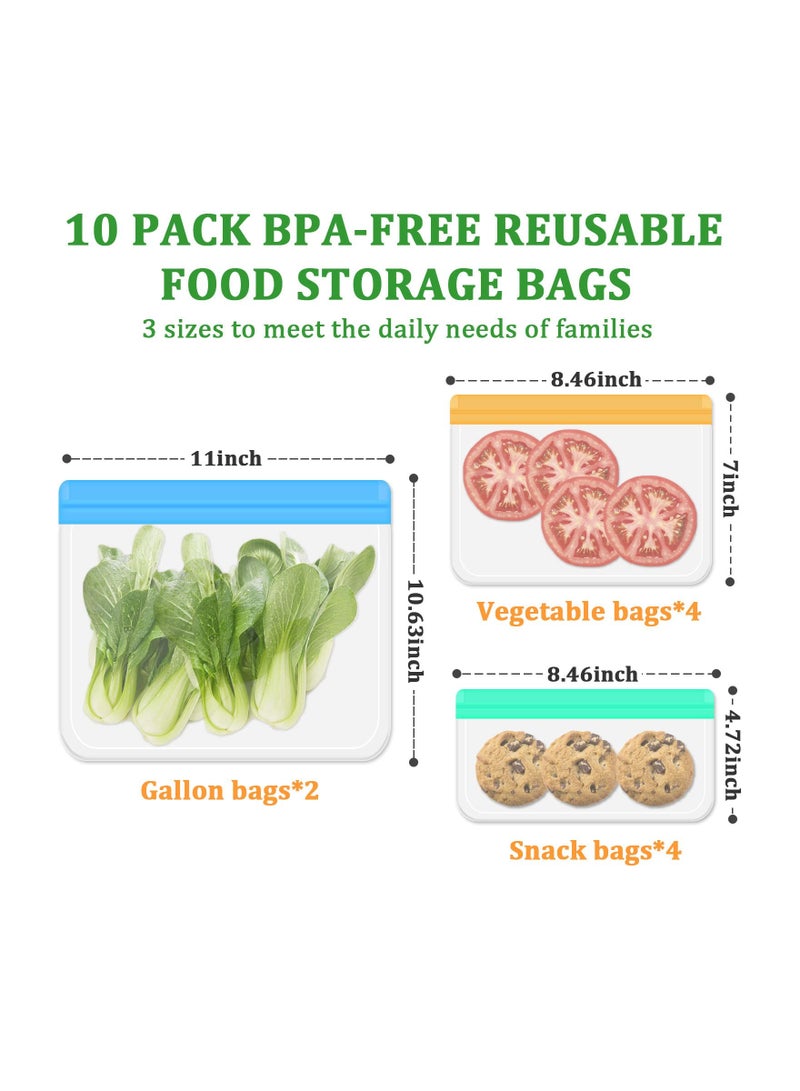 10 Pcs Reusable Food Storage Bags Leakproof Silicone BPA Free Snack for Home Kids School Lunch Marinate Travel Salad Fruit and Picnic
