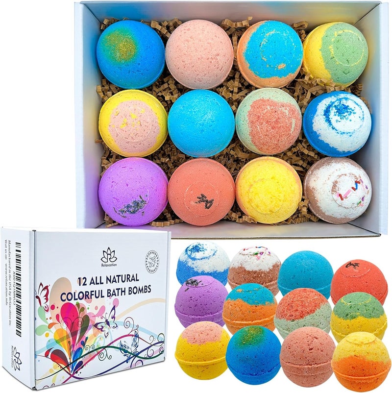 Relaxcation 12 Organic Bath Bombs for Women Relaxing  Handmade in USA with Bath Salts Moisturizing Olive Oil and Coconut Oils  12 Different Aromatherapy Scents  Gift for Women