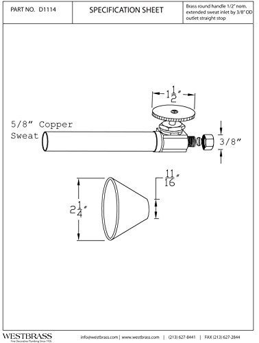 Westbrass D1114-26 D1114 Round Handle Straight Stop 1/2" Copper Sweat x 3/8" OD Comppression Outlet, Polished Chrome - Image 2