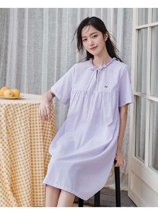 Top melon Shirt-style Nightdress 100% Cotton】cute Peter Pan Collar Striped Nightdress, Summer Pure Cotton Women's Nightgown - Image 1