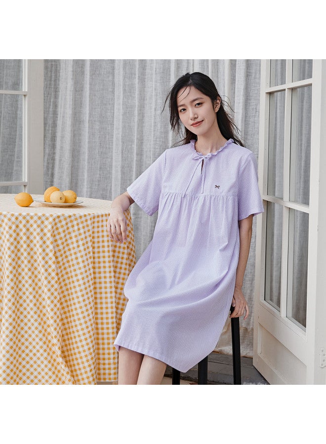 Top melon Shirt-style Nightdress 100% Cotton】cute Peter Pan Collar Striped Nightdress, Summer Pure Cotton Women's Nightgown - Image 2
