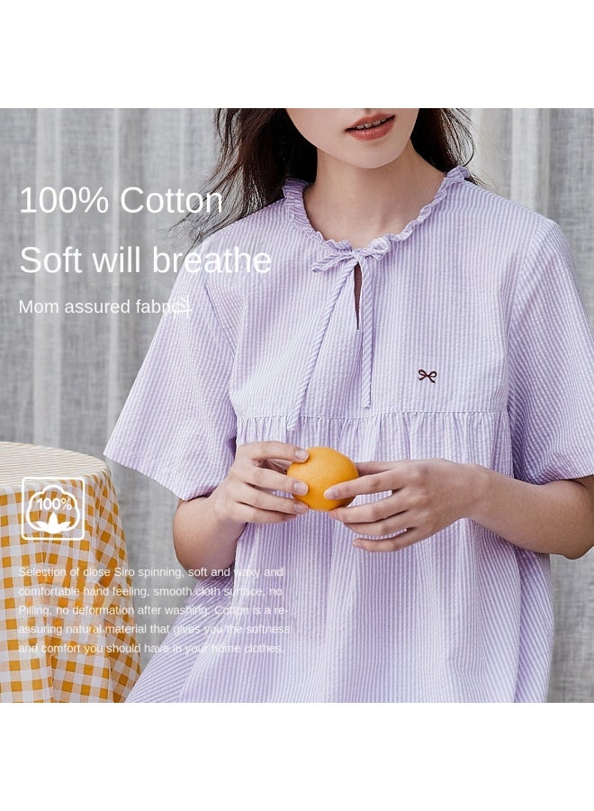 Top melon Shirt-style Nightdress 100% Cotton】cute Peter Pan Collar Striped Nightdress, Summer Pure Cotton Women's Nightgown - Image 3