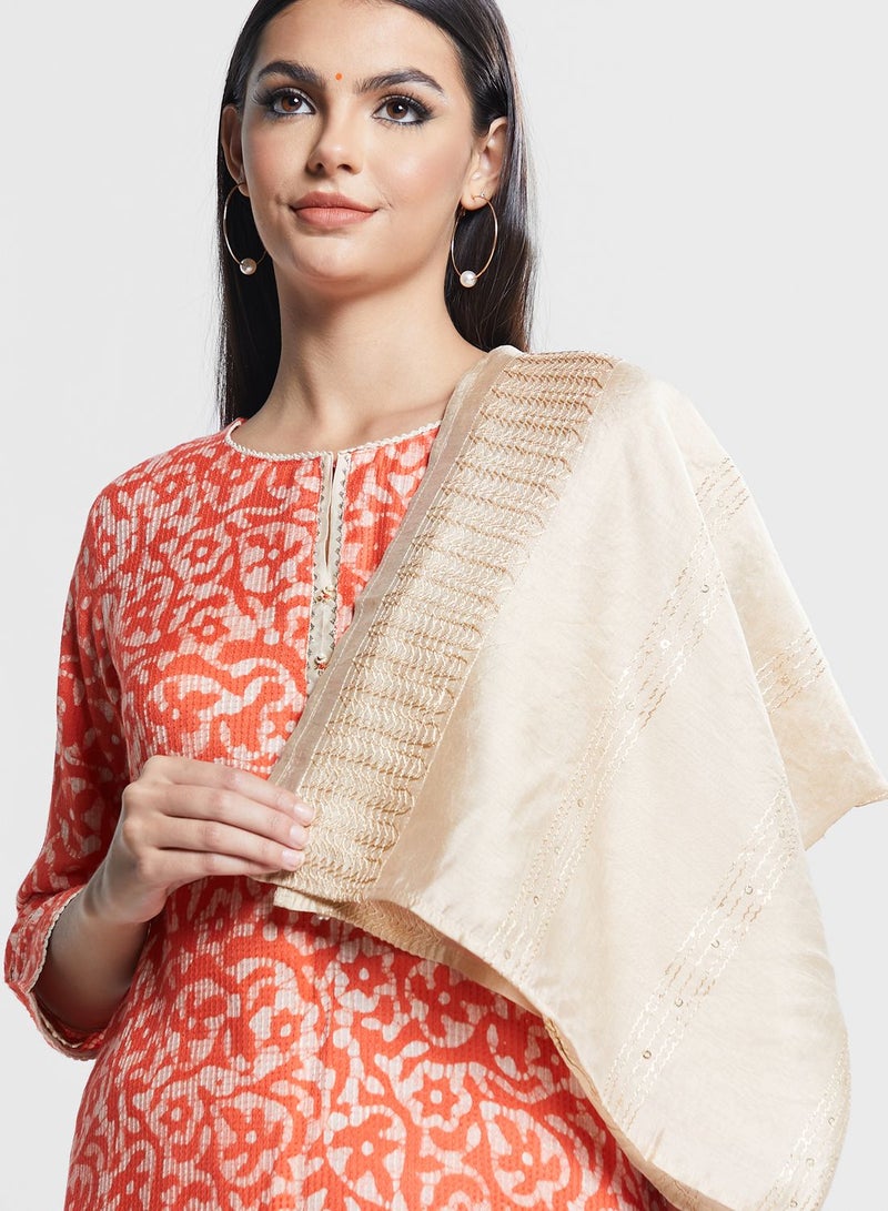 Printed Embellished Kurti With Dupatta & Pants Set