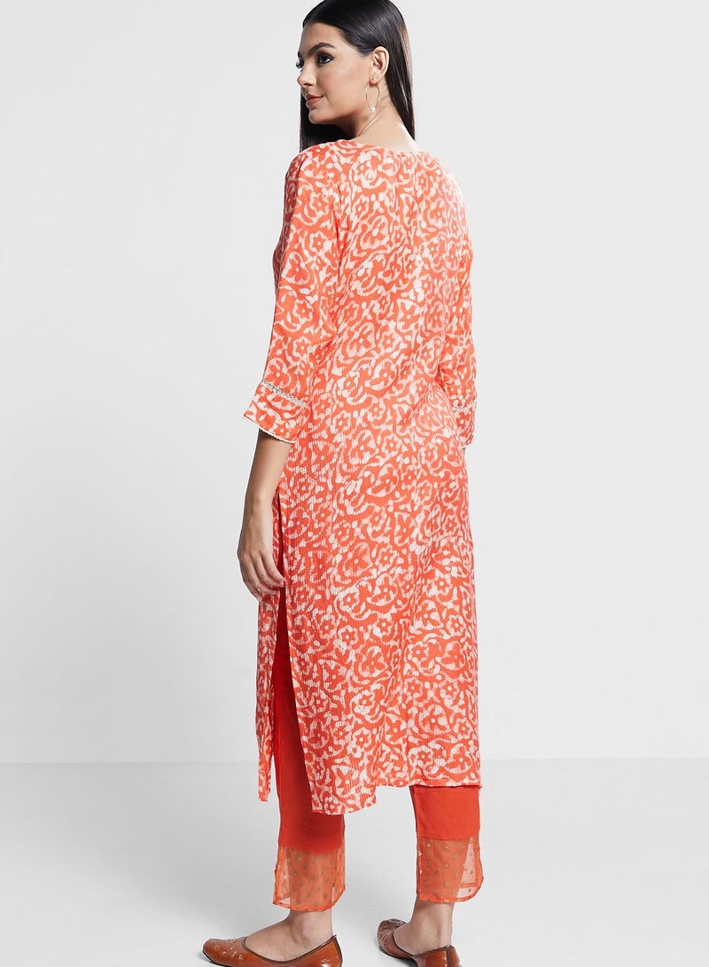 Printed Embellished Kurti With Dupatta & Pants Set