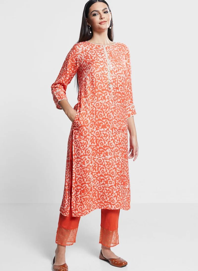 indya Printed Embellished Kurti With Dupatta & Pants Set
