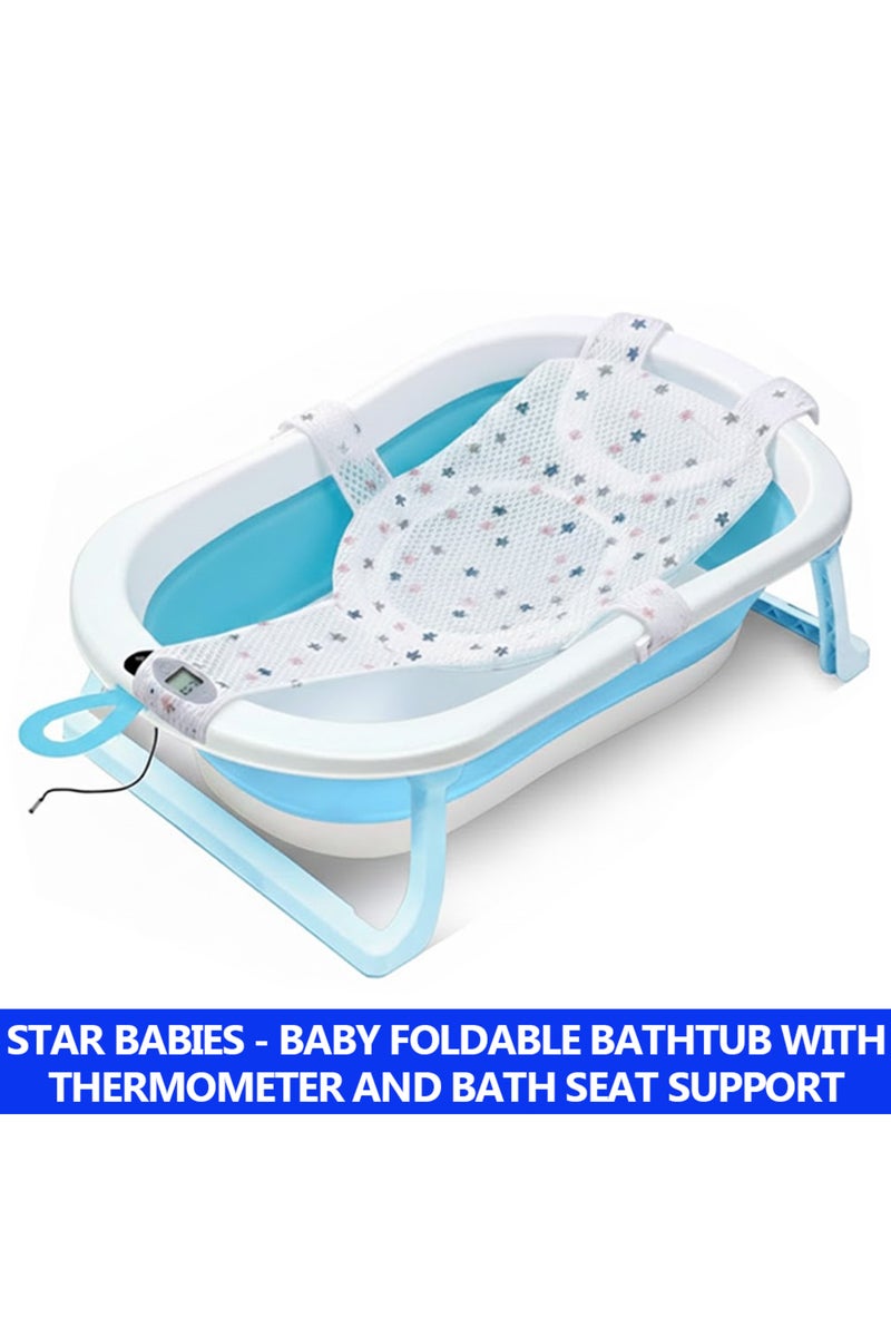 STAR BABiES ستار بيبيز - حوض استحمام قابل للطي للأطفال مع ميزان حرارة وشبكة دعم مقعد الاستحمام، مجموعة - أزرق - عبوة من 2 - Image 2