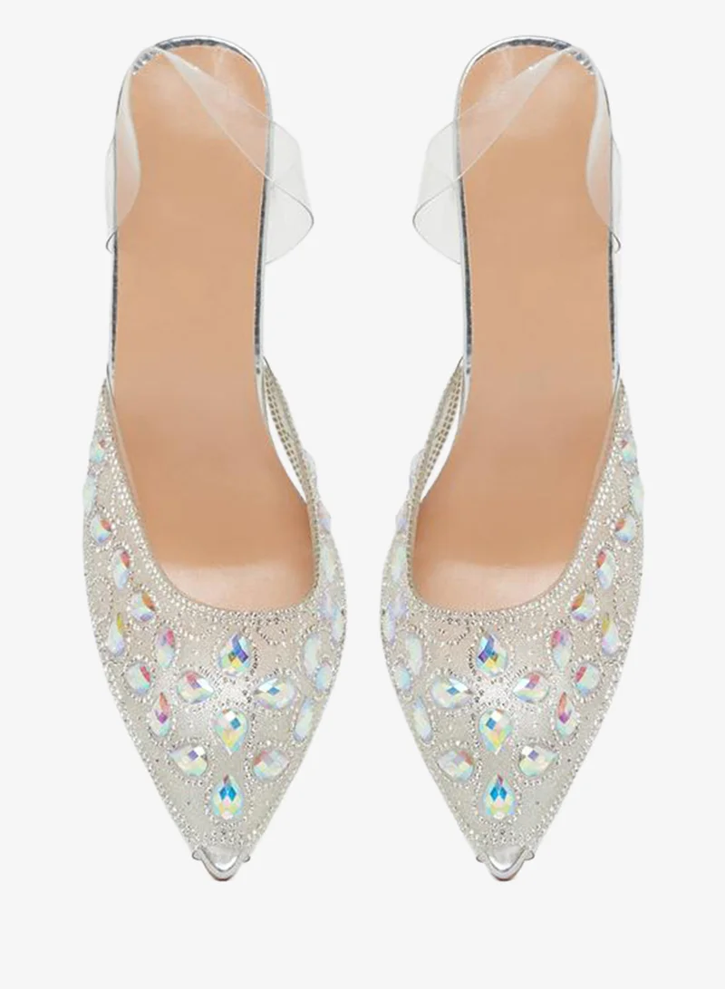 Take Two  Embellished Transparent Kitten Heel Sandals for Women | Best Price UAE