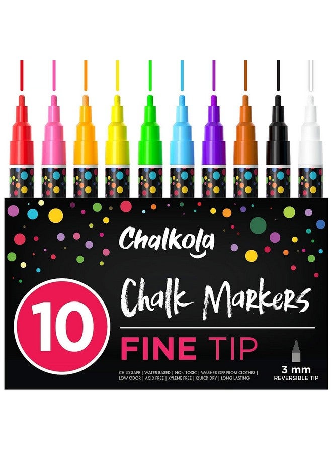 Chalkola 10 Fine Tip Liquid Chalk Markers For Chalkboard Signs Blackboard Window Labels Bistro Glass Car (10 Pack 3Mm) Wet Wipe Erasable Ink Chalk Board Markers 3Mm Reversible Tip Chalk Pens - Image 1