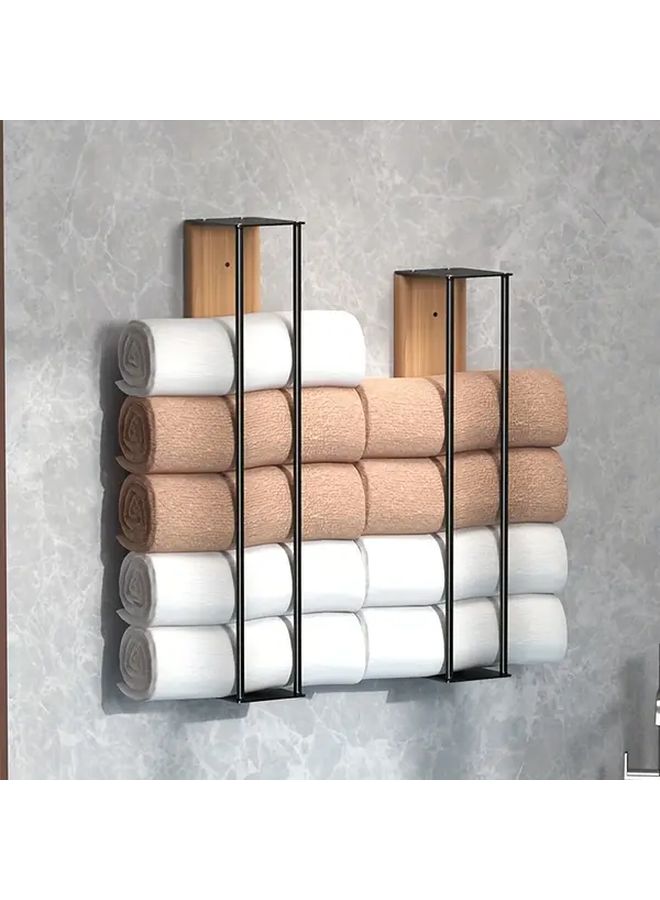 Black Rustic Wooden Towel Rack Wall Mounted No Drilling - Image 1