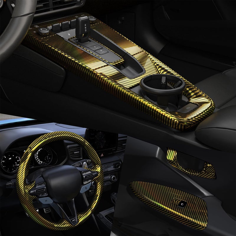 Foneso 2D Holographic Carbon Fiber Vinyl Wrap, Foneso High Gloss Gold Car Wrapping Vinyl Film with Air Release Technology Auto Sticker Decal Film Sheet, DIY Paint Replacement Wrap Roll 1ft x 10ft - Image 2
