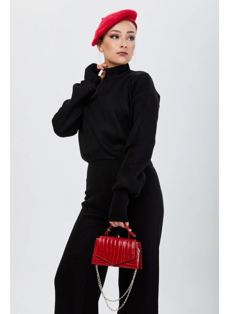 Tofisa 24172-BLACK Thick Ribbed Knitwear Set