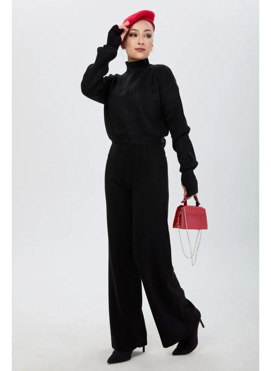 Tofisa 24172-BLACK Thick Ribbed Knitwear Set
