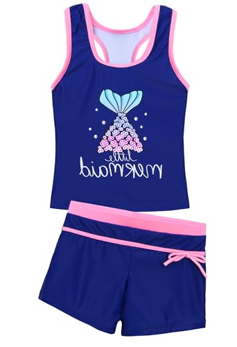 Akokvlar Girls Two Piece Bathing Suit Swimsuit Tankini Swimwear with Boyshort (5-6 Years, Navy Blue Purple Mermaid) - Image 2