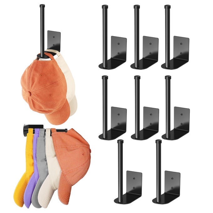 8 PACK HAT RACKS FOR BASEBALL CAPS STAINLESS STEEL HAT ORGANIZER FOR BASEBALL CAP HAT HOLDER STORAGE ORGANIZER HAT HANGER STRONG ADHESIVEWALL DRILLED FOR DOOR BEDROOM CLOSETBLACK 6 IN