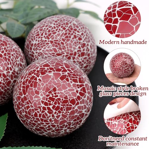Woration 2 PCS Mosaic Glass Sphere Balls Decorative Orbs Centerpiece Balls Red Christmas Decoration for Bowls Vases Tray Dish Filler Dining Coffee Table Décor 3.35 Inch - Image 4