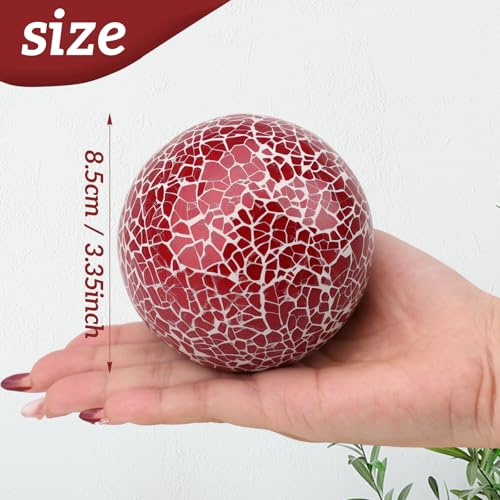 Woration 2 PCS Mosaic Glass Sphere Balls Decorative Orbs Centerpiece Balls Red Christmas Decoration for Bowls Vases Tray Dish Filler Dining Coffee Table Décor 3.35 Inch - Image 3