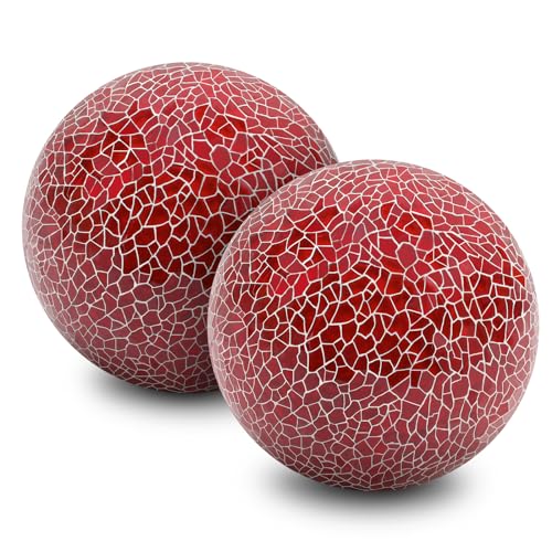 Woration 2 PCS Mosaic Glass Sphere Balls Decorative Orbs Centerpiece Balls Red Christmas Decoration for Bowls Vases Tray Dish Filler Dining Coffee Table Décor 3.35 Inch - Image 1