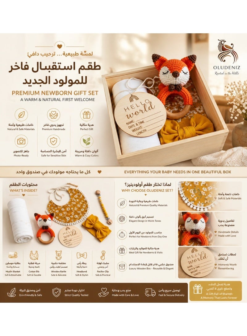 OLUDENIZ Baby Gift Set - Ultimate Natural Welcome for Newborns with Organic Essentials, Handmade Fox Rattle, Soft Bib, Cozy Blanket, and Personalized Wooden Plaque in a Luxurious Wooden Box" - Image 1