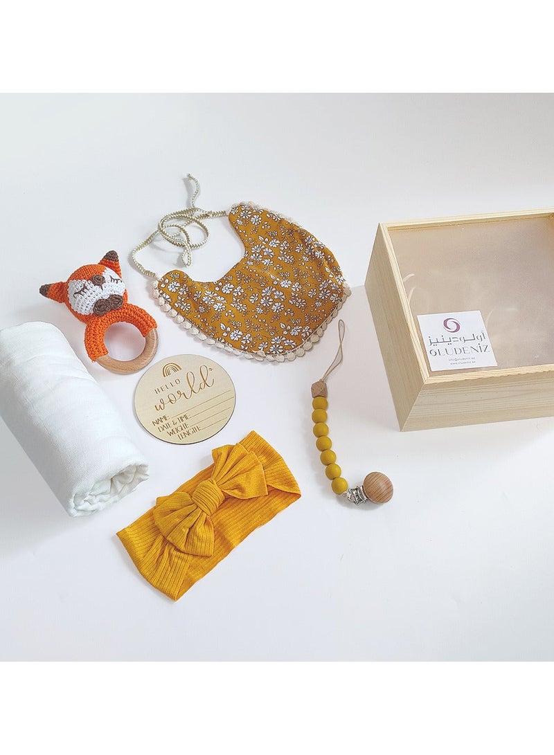 OLUDENIZ Baby Gift Set - Ultimate Natural Welcome for Newborns with Organic Essentials, Handmade Fox Rattle, Soft Bib, Cozy Blanket, and Personalized Wooden Plaque in a Luxurious Wooden Box" - Image 3