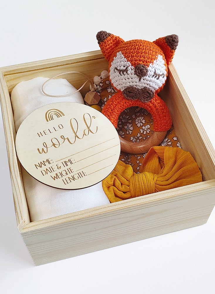 OLUDENIZ Baby Gift Set - Ultimate Natural Welcome for Newborns with Organic Essentials, Handmade Fox Rattle, Soft Bib, Cozy Blanket, and Personalized Wooden Plaque in a Luxurious Wooden Box" - Image 2