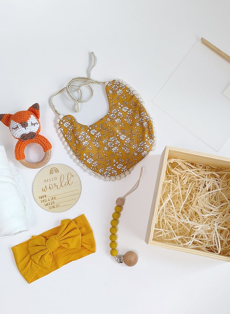 OLUDENIZ Baby Gift Set - Ultimate Natural Welcome for Newborns with Organic Essentials, Handmade Fox Rattle, Soft Bib, Cozy Blanket, and Personalized Wooden Plaque in a Luxurious Wooden Box" - Image 5