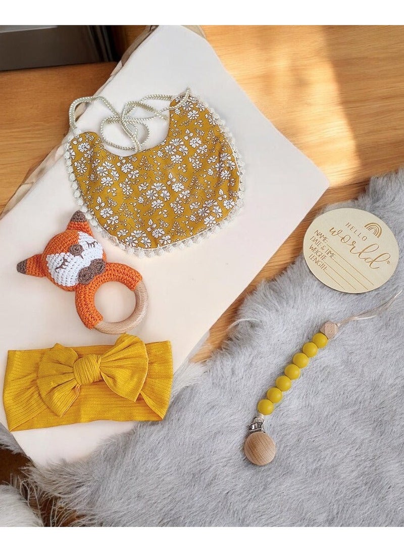 OLUDENIZ Baby Gift Set - Ultimate Natural Welcome for Newborns with Organic Essentials, Handmade Fox Rattle, Soft Bib, Cozy Blanket, and Personalized Wooden Plaque in a Luxurious Wooden Box" - Image 4