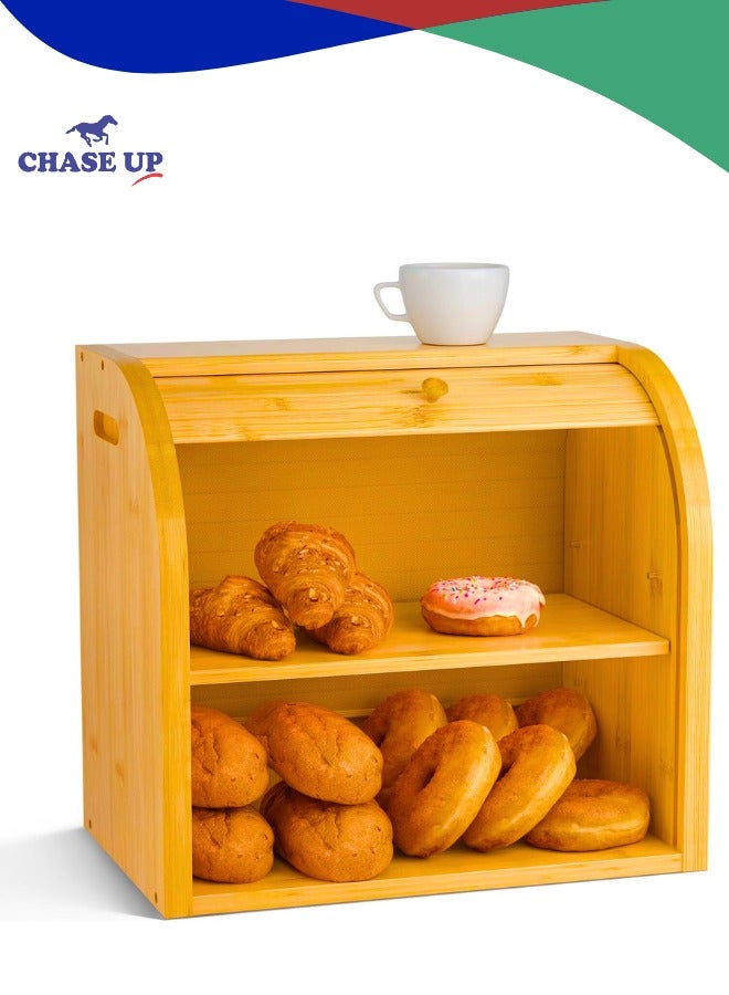 تشيس اب صندوق خبز قابل لللف لطاولة المطبخ، حاوية تخزين خبز كبيرة من الخيزران ذات مستويين، حامل خبز وصندوق طعام لطاولة المطبخ، تجميع ذاتي - Image 1